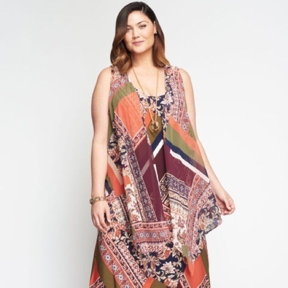 Rust mixed media prints stretch Jessica London Maxi Dress georgette long vest 12